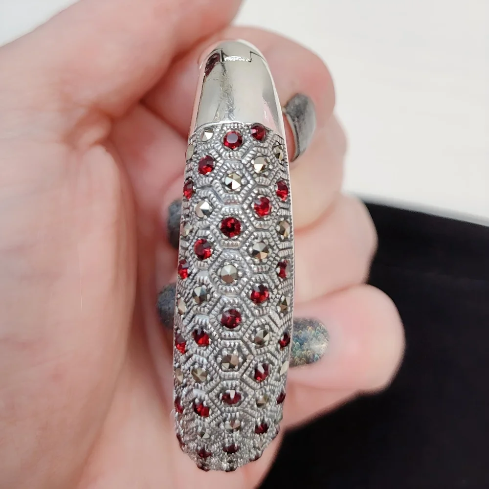 1930's Art Deco Sterling Silver Red Paste Rhinestone Marcasite Hinged Bracelet